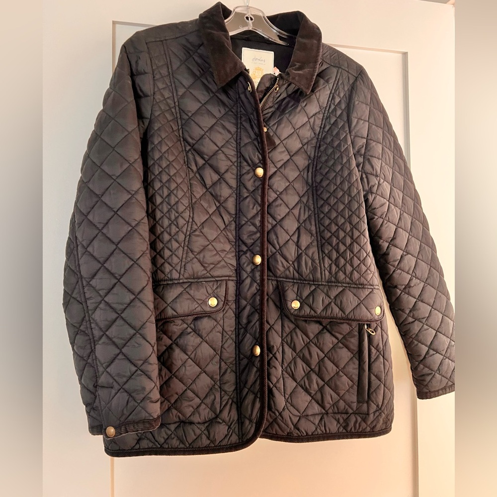 Joules Quilted Floral Lining Black Jacket with Cord Collar - Joules Size 10